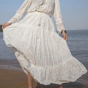 Boho Chic Eyelet Skirt High Elastic Waistband Ruffle Flowy Midi Skirts