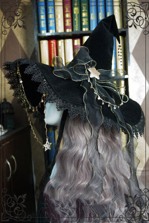 Starry Retro Halloween Witch Hats Masquerade Ribbon Bow Gothic Lolita Wizard Hat