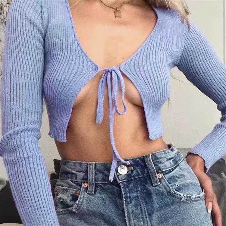 Sexy Ribbed Tie Front Crop Top T Shirt Long Sleeve