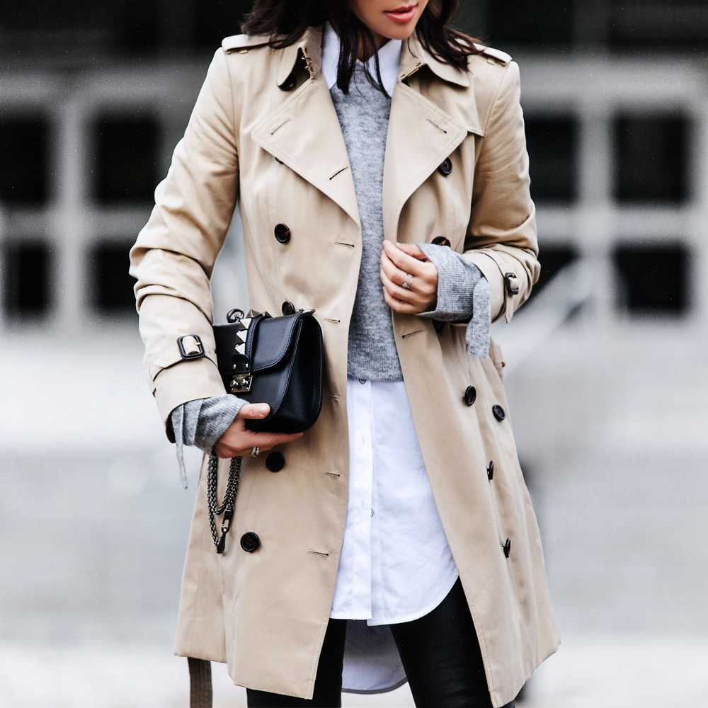 Classic Double Breasted Turtle Neck Women's Beige Trench Coat