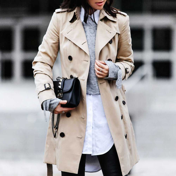 Classic Double Breasted Turtle Neck Women's Beige Trench Coat – sunifty