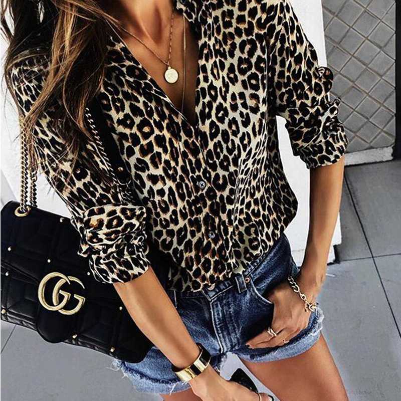 Oversized Retro Long Sleeve Leopard Print Button Up Shirt Womens