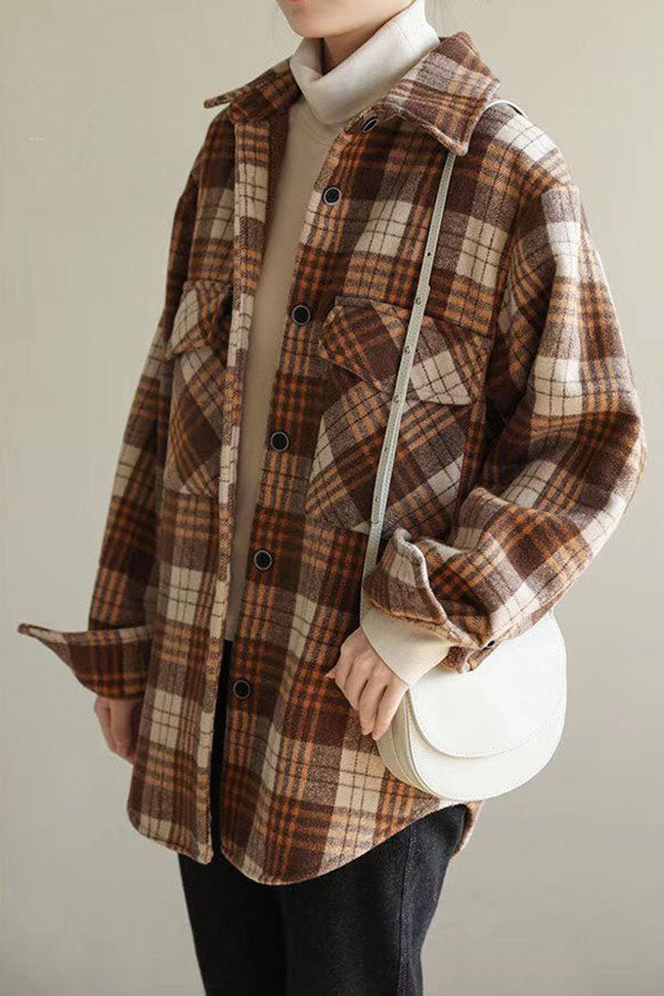 Classic Thick Colorblock Checked Button Down Shirt Jacket Woolen