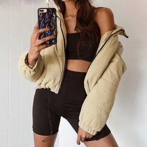 Short Corduroy Puffer Jacket Packable Down Bomber Coat