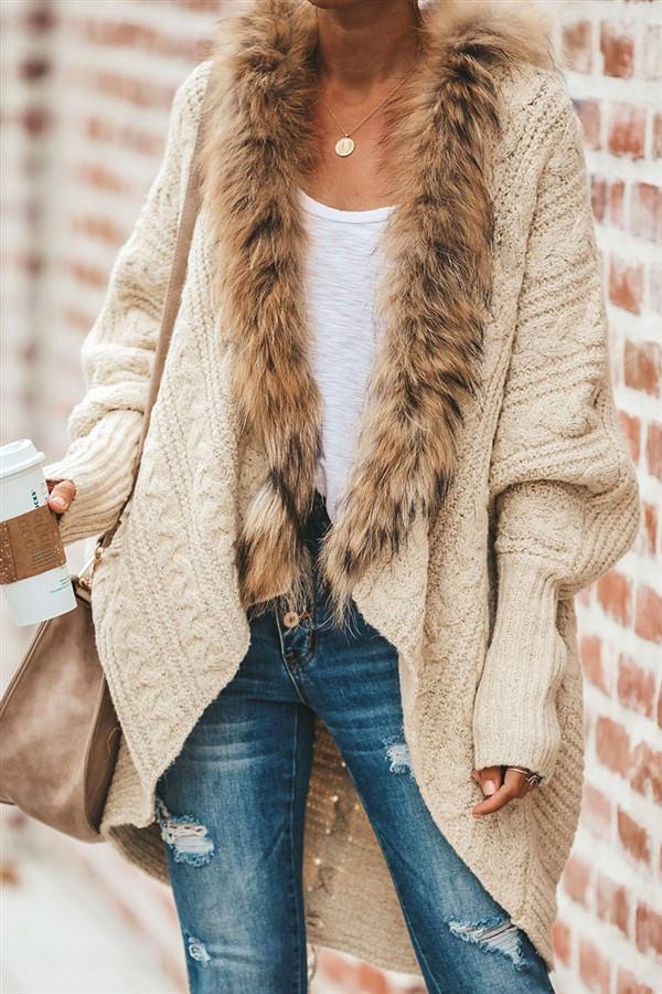 Oversized Furry Fur Collar Trim Batwing Knit Cardigan Sweaters