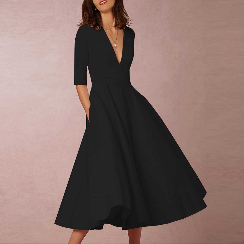 Classy Plunge Neckline Flowy Midi Work Dress  sunifty