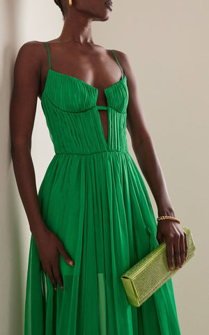 Slip Spaghettie Deep V Neck Cut Out Bustier Pleated Floor Length Gown Dress