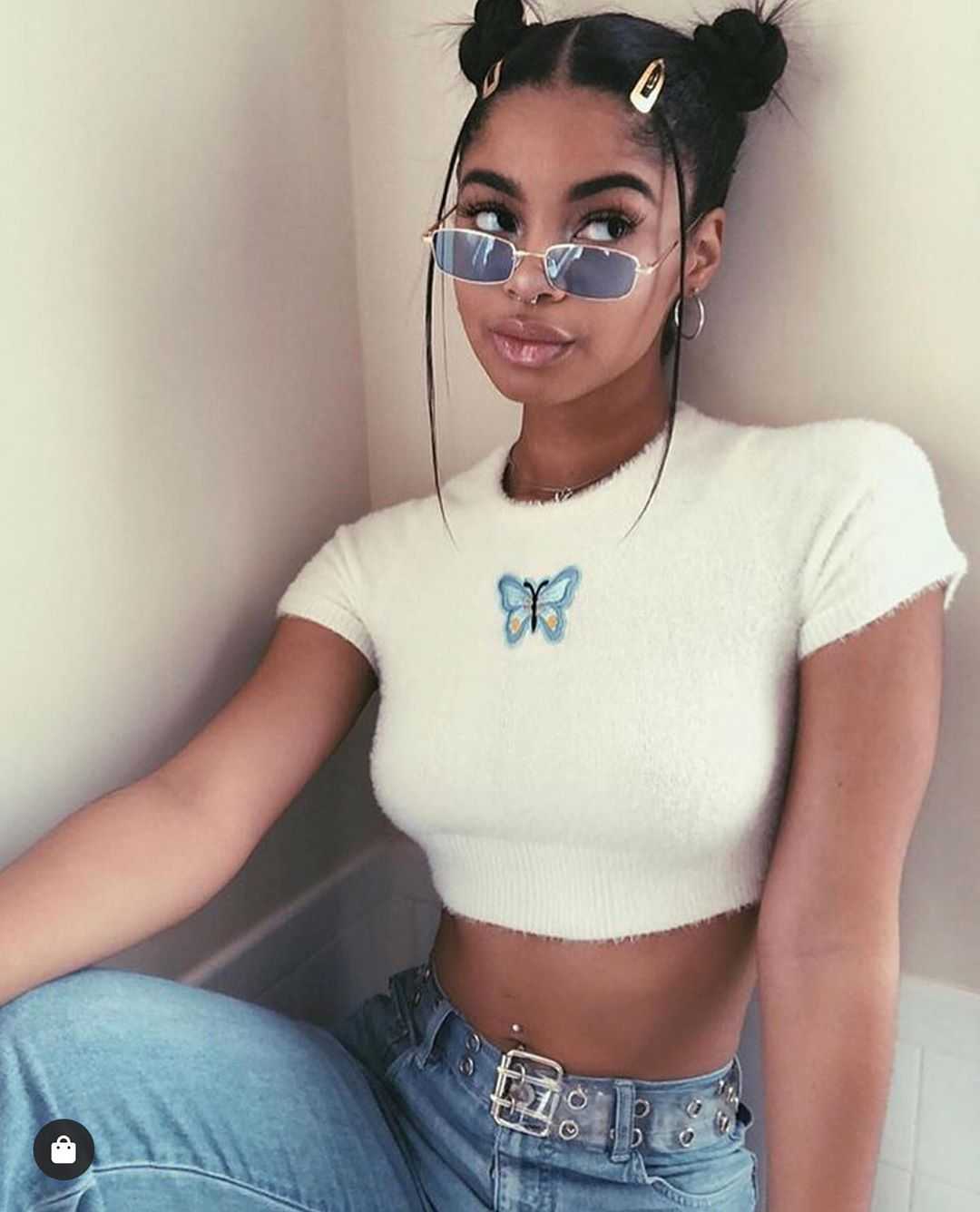 Colorful Butterfly Embroidered Ribbed Cotton Tank Top Crop Top
