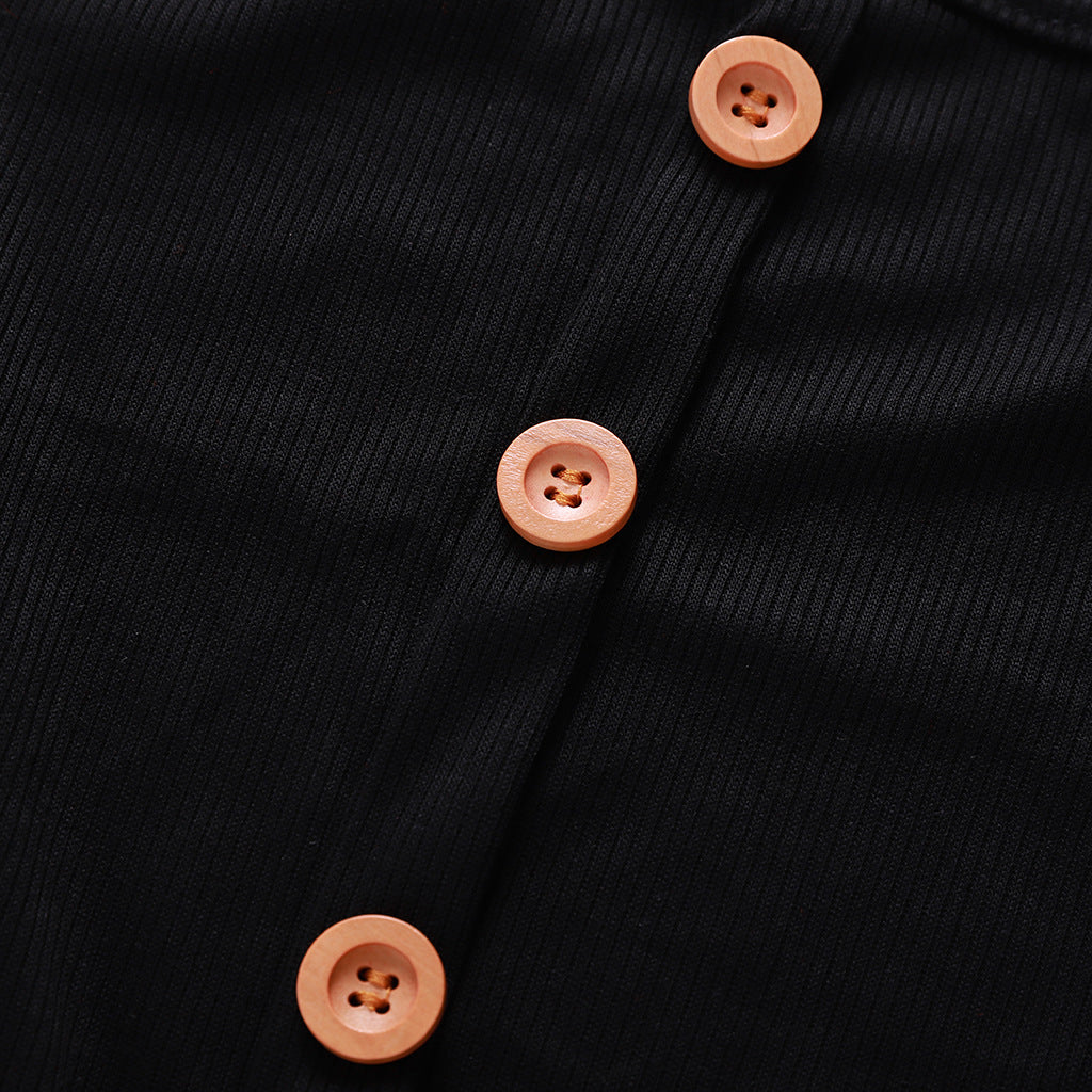 Ribbed Short Button Down Dress Tie Up Shoulder
