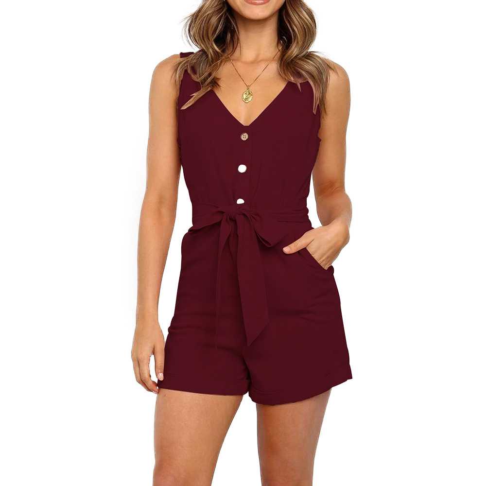 V Neck Button Up Jumpsuit Romper Shorts For Big Thighs