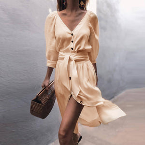 Casual Front Tie Mid Sleeve Button Front Shirt Dress