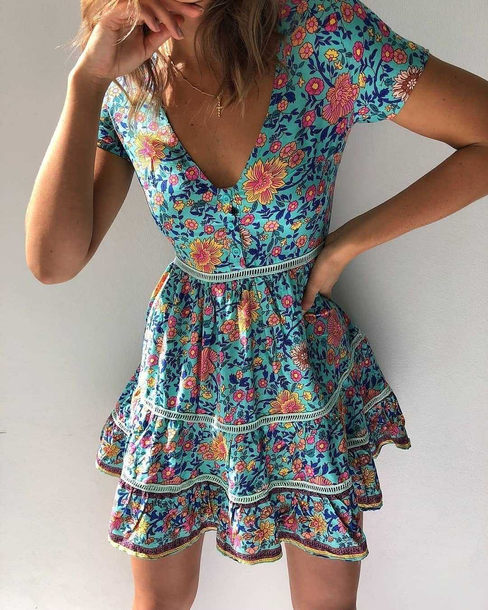 Trimming Boho Floral Button Down Flowy Mini Dress – sunifty