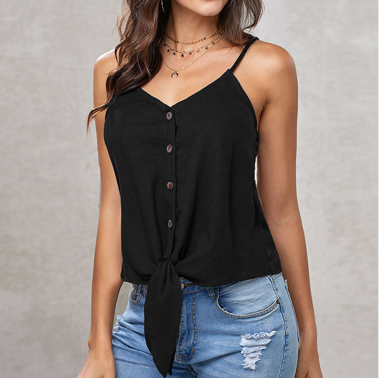 Swing Spaghetti Strap Tie Knot Button Up Tank Top