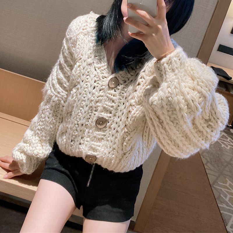 Hand Knitted Braid Chunky Cable Knit V Neck Button Crop Cardigan Sweater