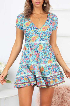 Trimming Boho Floral Button Down Flowy Mini Dress