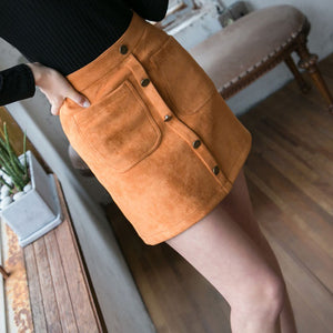 Front Button Up High Waisted Mini Suede Skirt