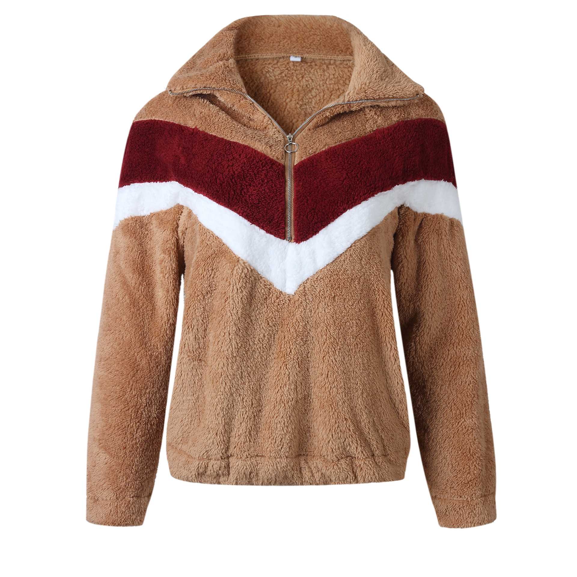 Cozy Colorblock Chevron Half Zip Faux Fur Sweatshirt Sherpa Pullover Jacket