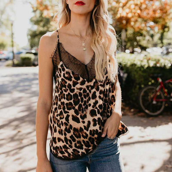 Retro Print Snake Leopard Lace Cami Tank Spaghetti Top