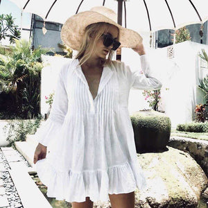 Oversized Casual Button Up Ruched Ruffle Hem Short Beach Dress