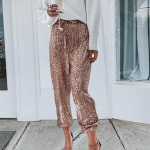 Classy Sparkly Sequins Elasticated Waist Trousers Womens Slacks