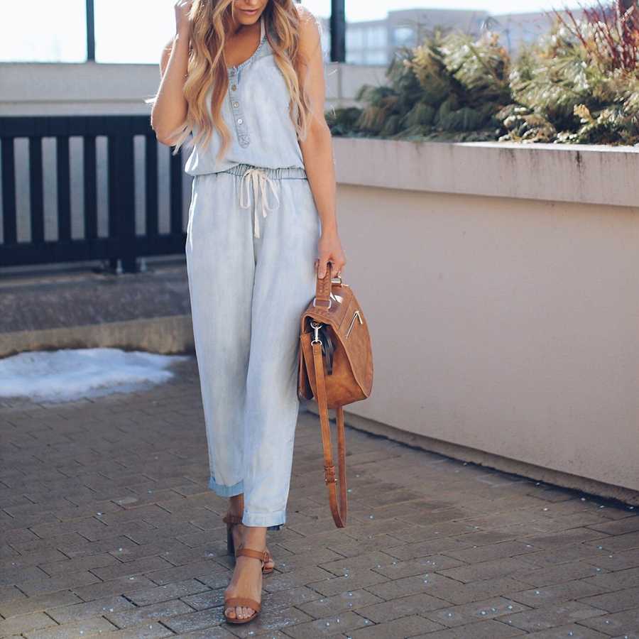 Casual High Waisted Button Up Drawstring Denim Jumpsuit Playsuits