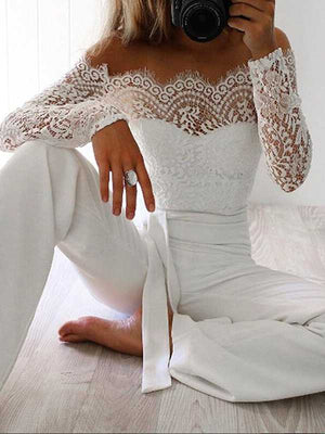 Cozy Lace Off The Shoulder Tie Jumpsuit Pantsuits