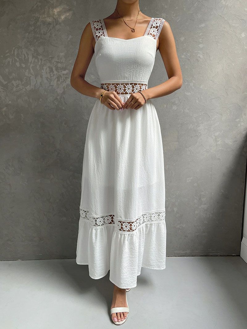 Boho Casual Cotton Eyelet Hollow Thick Strap Lace Midi Dress