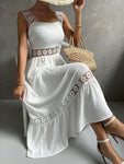 Boho Casual Cotton Eyelet Hollow Thick Strap Lace Midi Dress