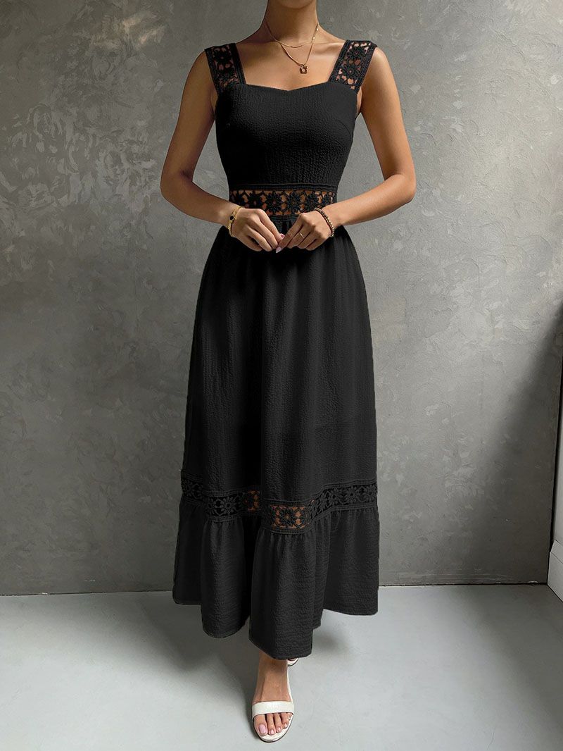 Boho Casual Cotton Eyelet Hollow Thick Strap Lace Midi Dress