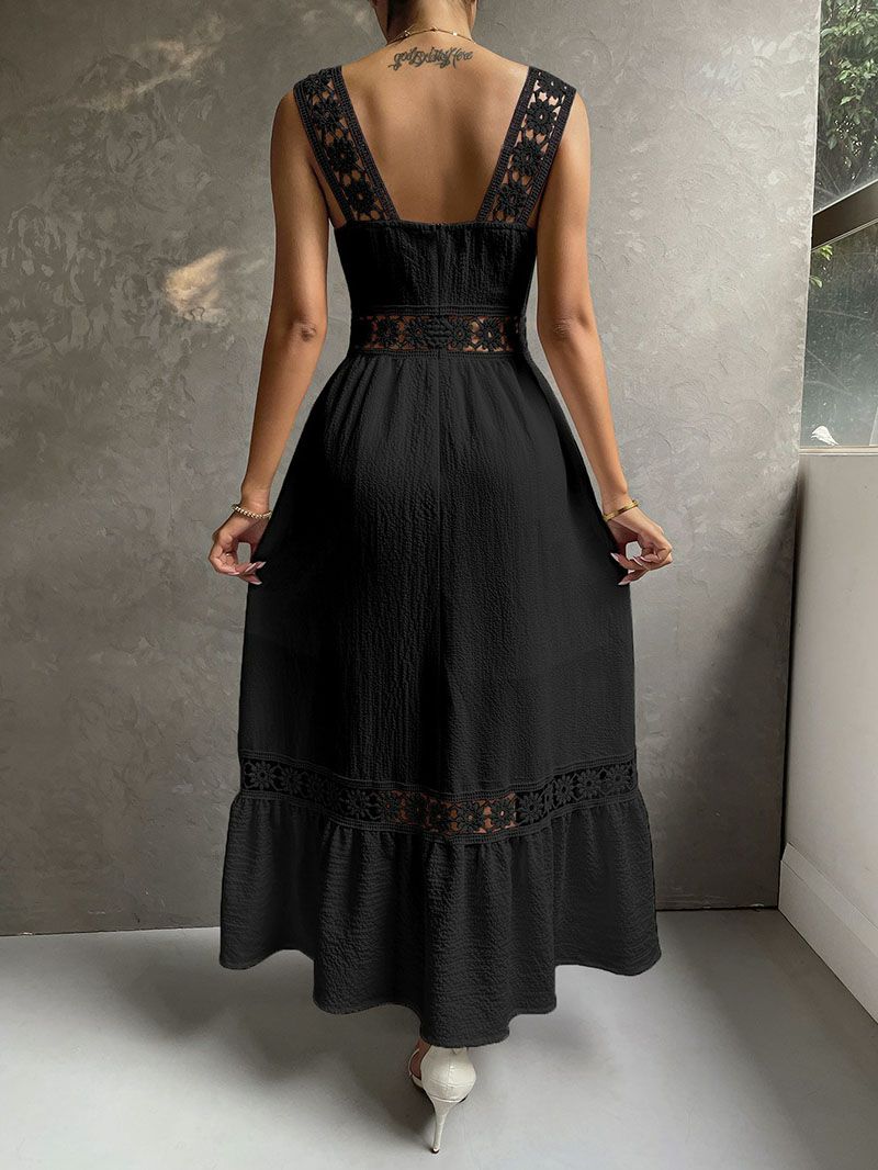 Boho Casual Cotton Eyelet Hollow Thick Strap Lace Midi Dress