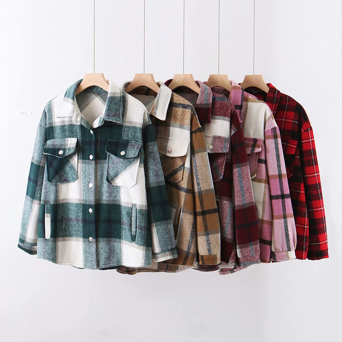 Classic Thick Colorblock Checked Button Down Shirt Jacket Woolen