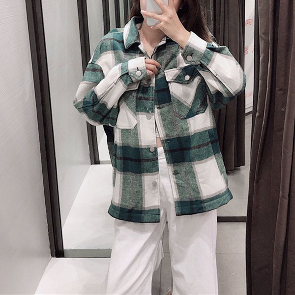 Classic Thick Colorblock Checked Button Down Shirt Jacket Woolen