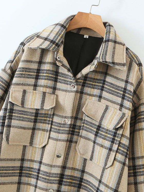 Colorblock Plaid Faux Wool Jacket Flannel Shirt Jacket