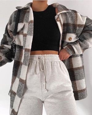Classic Thick Colorblock Checked Button Down Shirt Jacket Woolen