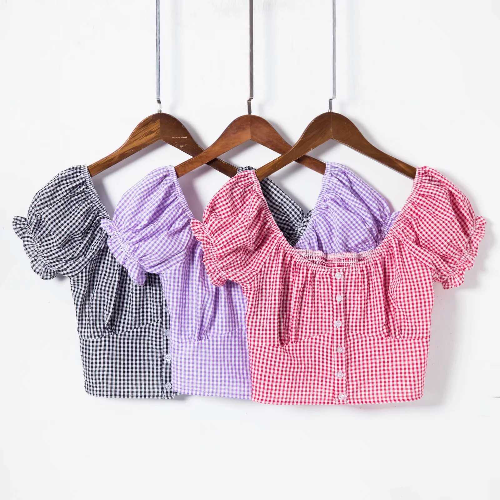 Vintage Smocked Cupped Bustier Puff Sleeve Checked Button Up Blouse