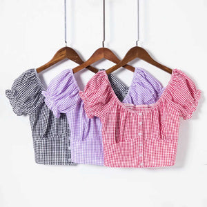 Vintage Smocked Cupped Bustier Puff Sleeve Checked Button Up Blouse