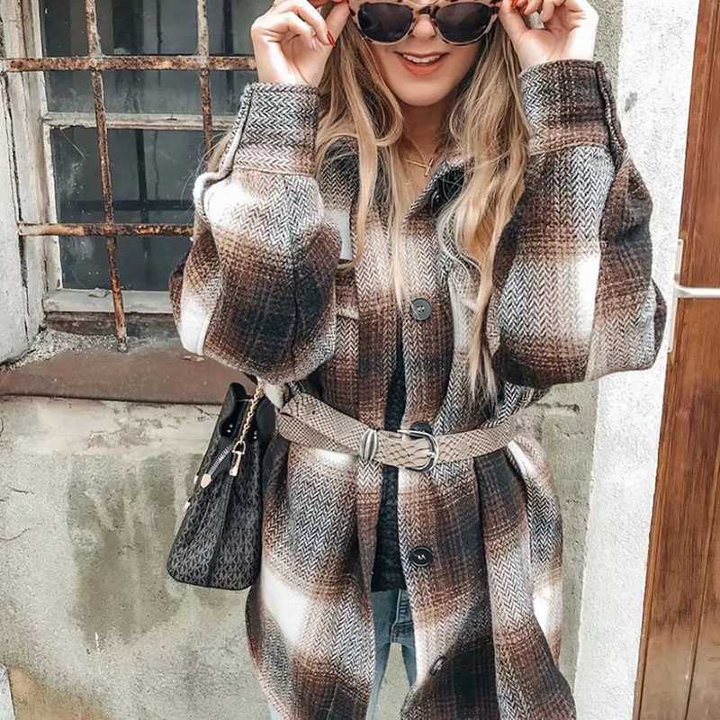 Classic Thick Colorblock Checked Button Down Shirt Jacket Woolen