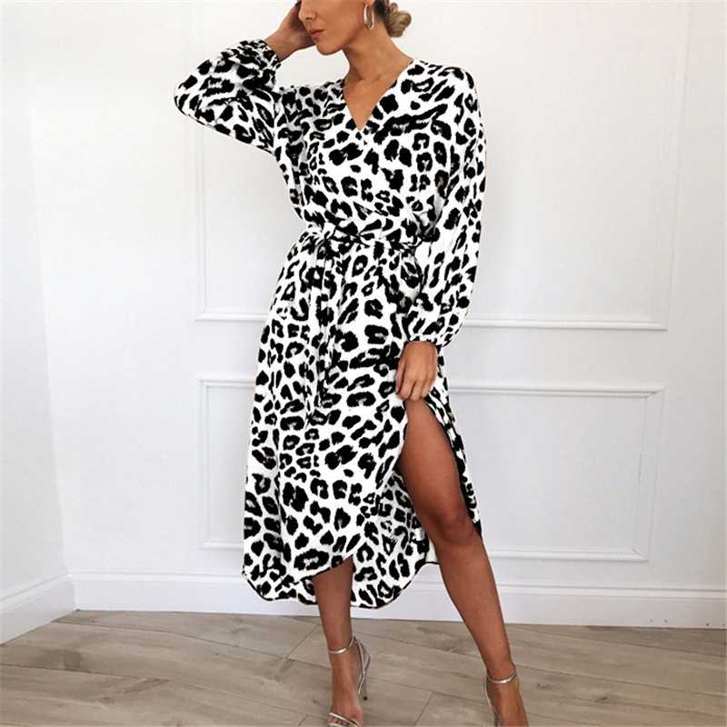 Classy Retro Asymmetric Long Sleeve Wrap Tie Leopard Midi Dress Bodycon
