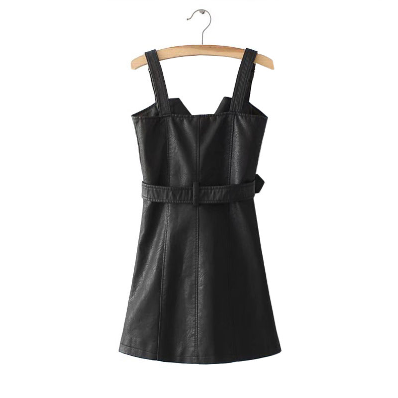 Chic Faux Leather Overall Jumper Skirt Dress