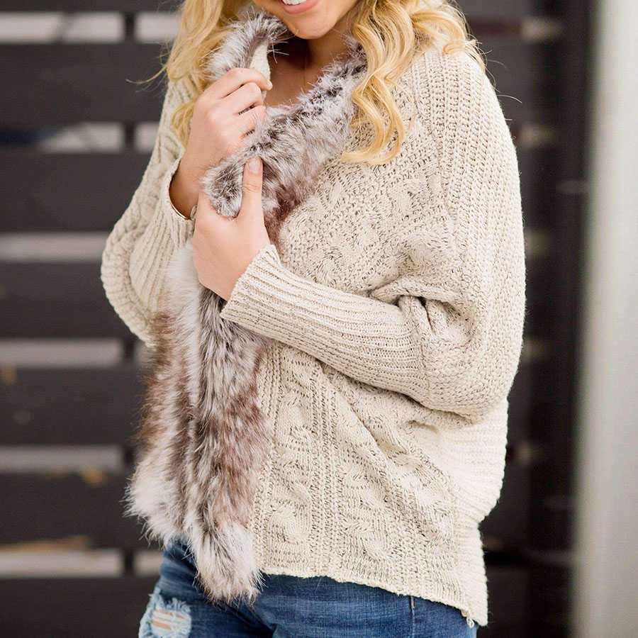 Oversized Furry Fur Collar Trim Batwing Knit Cardigan Sweaters