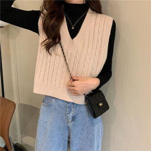 Oversized Cable Knit V Neck Knitted Tank Top Sweater