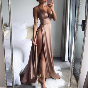 Rose Gold Spaghetti Double Split Maxi Satin Dress Gowns Backless