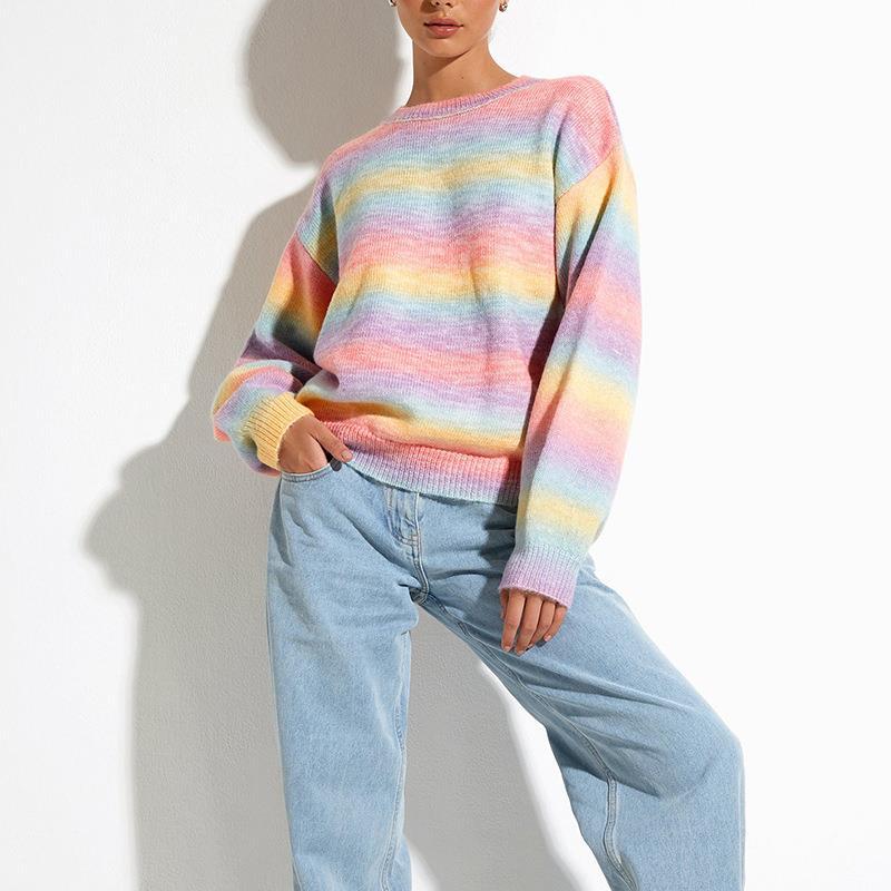 Fairy Kei Pastel Aesthetic Rainbow Color Block Ombre Stripes Sweaters Knitted Pullover