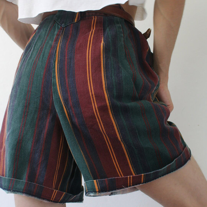 Rainbow Multi Colorful Striped High Waisted Cuffed Shorts