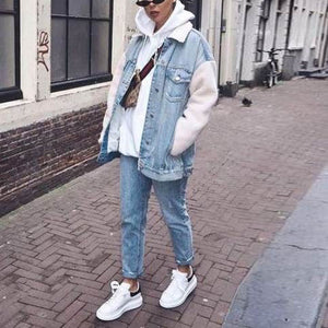 Color Block Patchwork Faux Fur Borg Sherpa Denim Jacket with Fur Collar