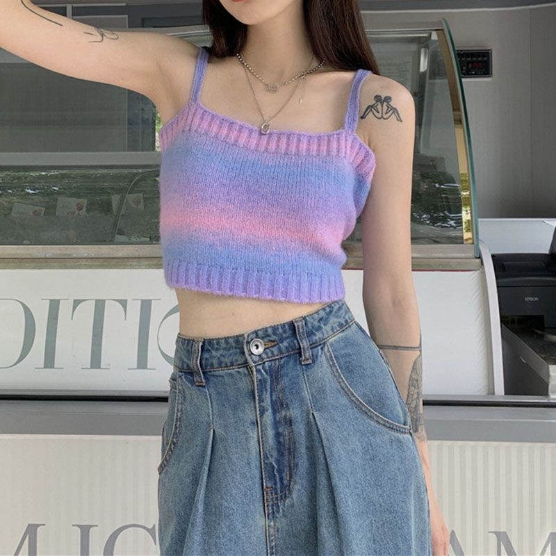 Ombre Knitted Tank Sweater Color Block Stripe Knit Sleeveless Summer Tops