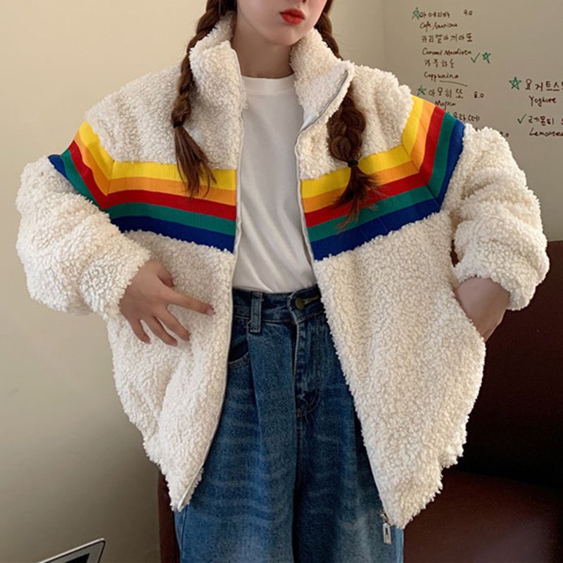 Rainbow Striped Knitted Teddy Fleece Sweatshirt Pullover Jumper