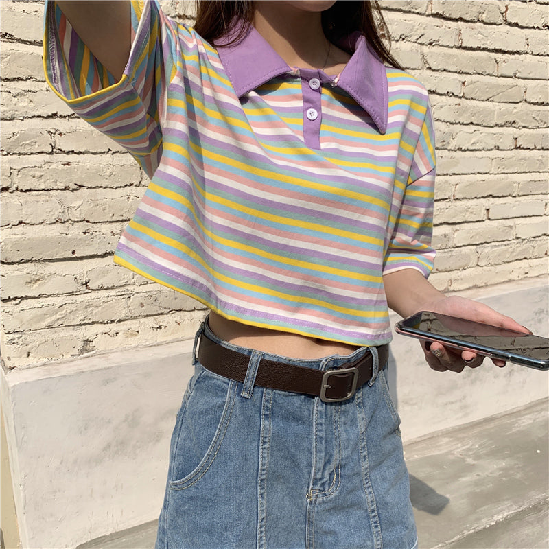 Color Block Rainbow Striped Polo Neck Crop Top T Shirt