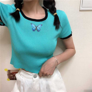 Colorful Butterfly Embroidered Ribbed Cotton Tank Top Crop Top