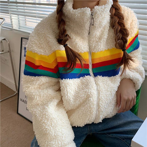 Rainbow Striped Knitted Teddy Fleece Sweatshirt Pullover Jumper